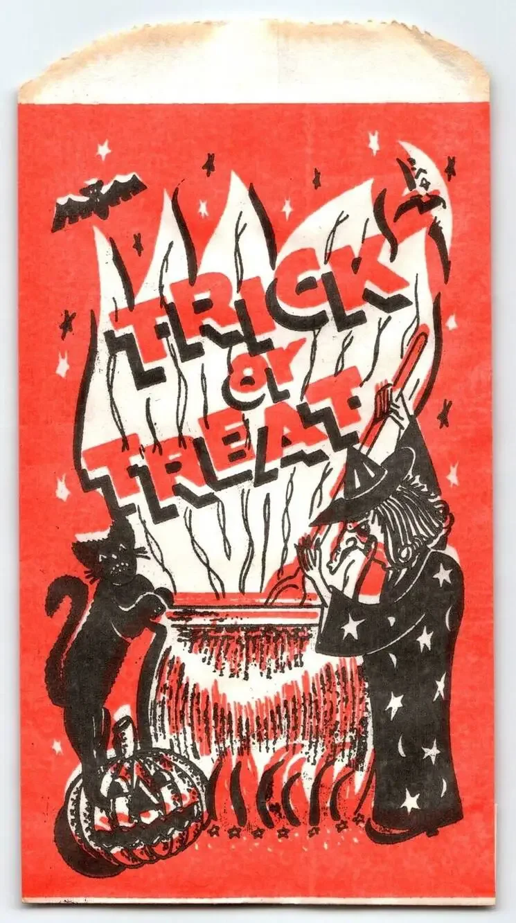 Halloween Vintage Trick Or Treat Goodie Bag Witch Stirs Cauldron Moon Bats Cat